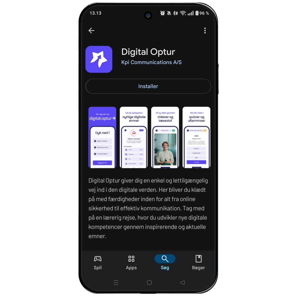 Billede af mobiltelefon hvor der bliver vist man kan downloade digital optur i Google Play