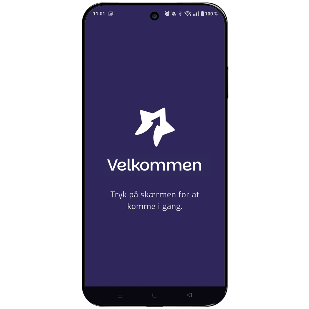 Billede af mobiltelefon hvor der bliver vist Velkommen til Digital Optur app'en