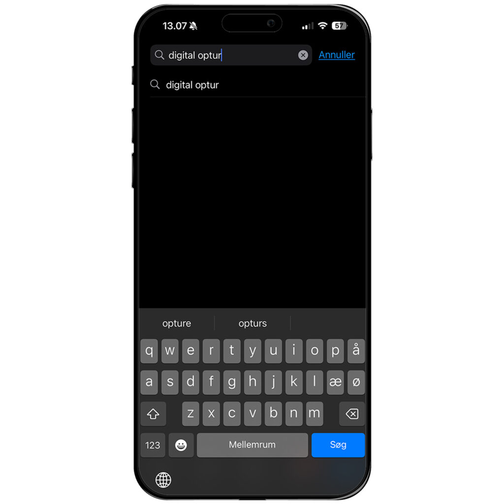 Billede af mobiltelefon hvor den søger på Digital Optur