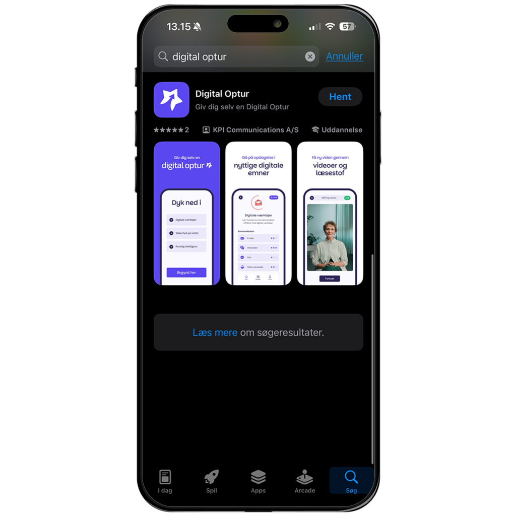 Billede af mobiltelefon hvor der bliver vist Digital Optur app'en som du kan downloade